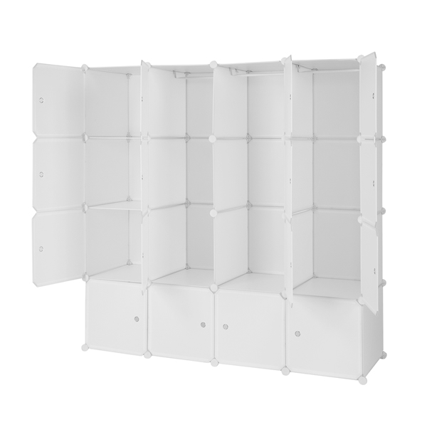 4-layer 16 Cube Organizer Stackable Plastic Cube Storage, Plastic + Steel Wire with 3 Clothes Rails, Free to Assemble, White