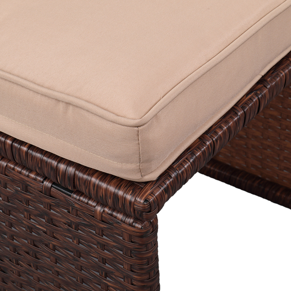 9 Pieces Wood Grain PE Wicker Rattan Dining Ottoman with Tempered Glass Table Patio Furniture Set