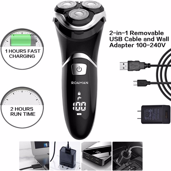 ROAMAN Men's Electric Shaver, Rechargeable 3D Rotating Men's Electric Shaver Wet and Dry IPX7 Waterproof with Pop-Up Beard Trimmer, Cordless Gaming, Wall Adapter 100-240v Best Global Travel Gift