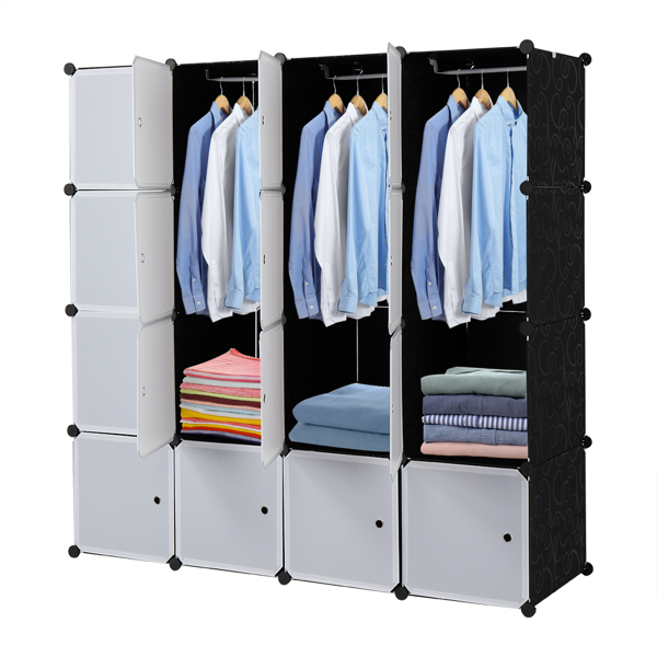 16 Cube Organizer Stackable Plastic Cube Storage Shelves Design Multifunctional Modular Closet Cabinet with Hanging Rod White Doors and Black Panels Includes 3 clothes rails