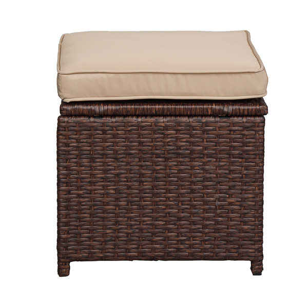 9 Pieces Wood Grain PE Wicker Rattan Dining Ottoman with Tempered Glass Table Patio Furniture Set