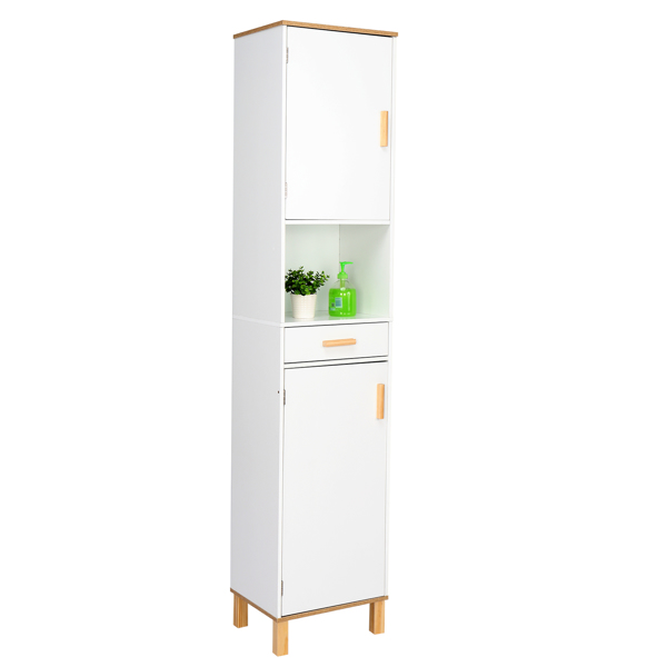 Solid Wood Foot Single Drawer Double Door Bathroom High Cabinet White & Wood Grain Color