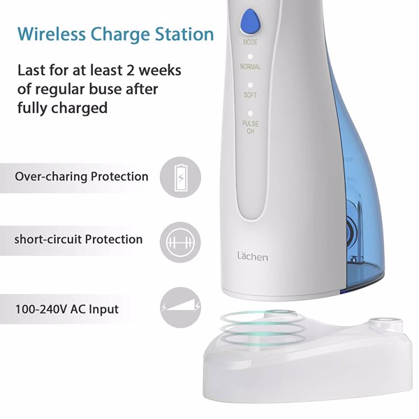 Lächen Cordless Water Flosser, Dental Oral Irrigator Portable with 3 Mode, USB Wireless Charge Station, IPX7 Waterproof Water Flossing with 5 Jet Tips for Home and Travel