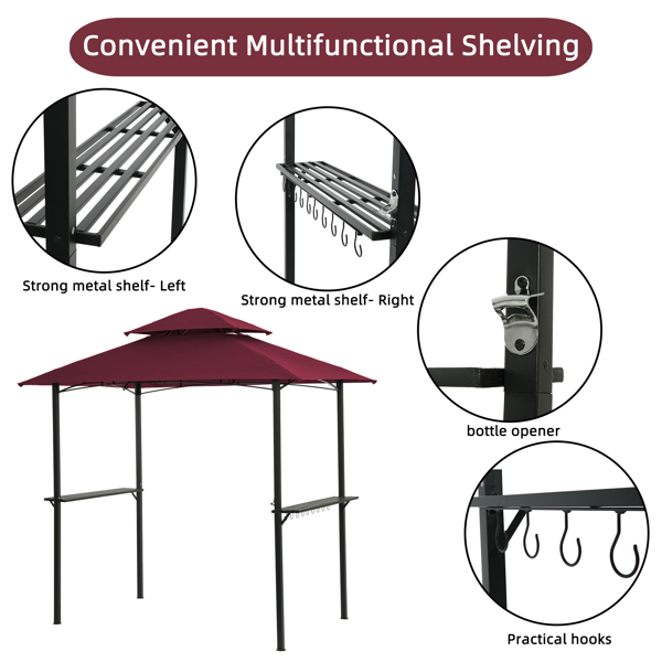 Outdoor Grill Gazebo With Light 8 x 5 Ft Shelter Tent, Double Tierd Soft Top Canopy,Steel Frame With Hook And Bar Counters,Burgundy