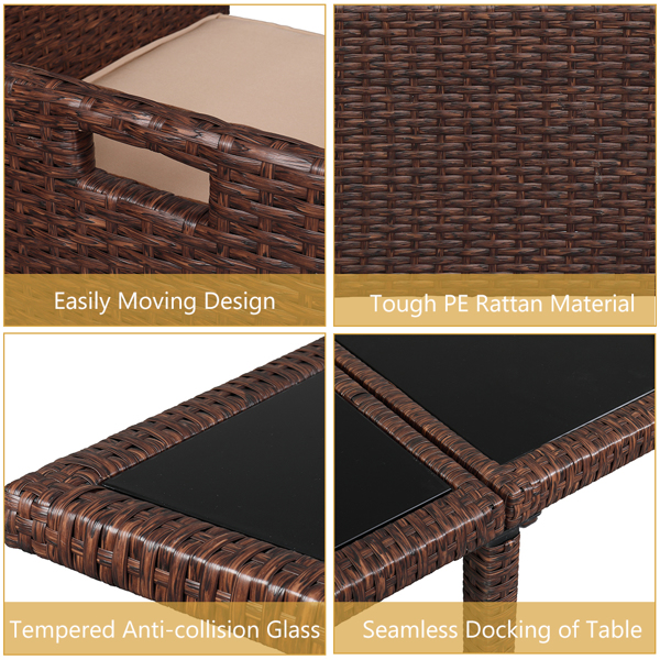 9 Pieces Wood Grain PE Wicker Rattan Dining Ottoman with Tempered Glass Table Patio Furniture Set