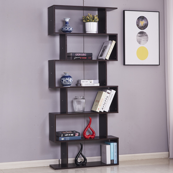 6 Shelf Bookcase, Modern S-Shaped Z-Shelf Style Bookshelf, Multifunctional Wooden Storage Display Stand Shelf Dark Brown