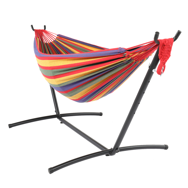 9ft Black Steel Pipe Hammock Frame with 200*150cm Polyester Cotton Hammock Four Red Strip Natural Rope Iron Hammock   Set