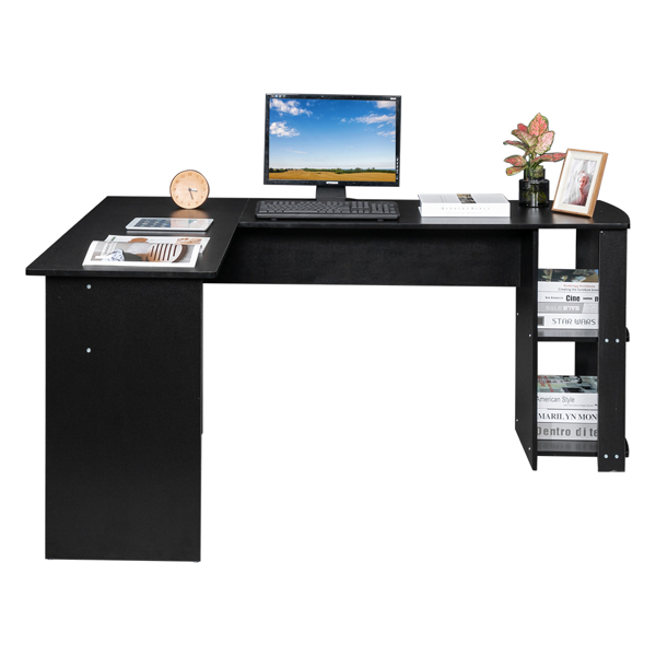 L-Shaped Wood Right-angle Computer Desk with Two-layer Shelves Black