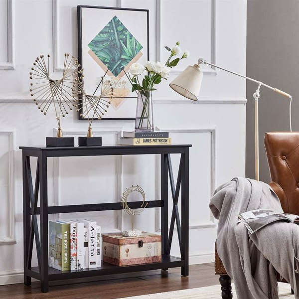  2 Tier X-Design Console Table, Wooden Sofa Table, Bookshelf Entryway Accent Table, End Table with Shelf Storage for Living Room, Bedroom, Hallway, Black