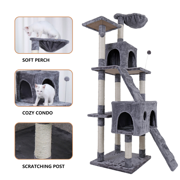 Multi-Level Wooden Cat Tree for Large Cat with Scratching Post, Cozy Condo, Top Perch and Dangling Ball Grey