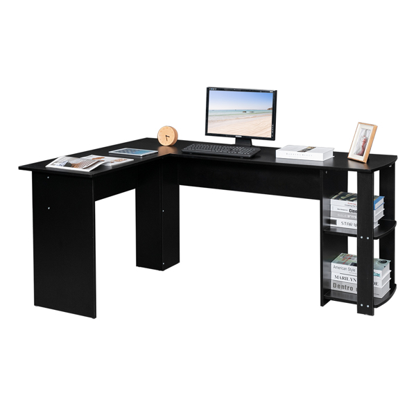 L-Shaped Wood Right-angle Computer Desk with Two-layer Shelves Black