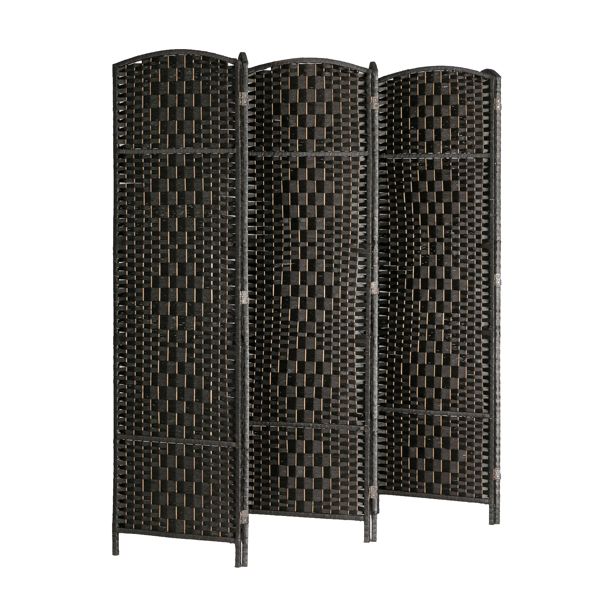 Six Folds Rattan Chinese Style Screen with Two Plates Black Brown