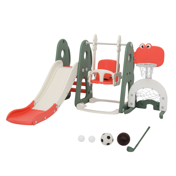 5-in-1 Toddler Slide and Swing Set, Kids Play Climber Slide Playset w/Basketball Hoop, Soccer Goal, Golf