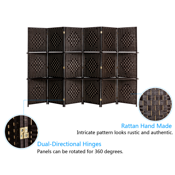 Six Folds Rattan Chinese Style Screen with Two Plates Dark Brown