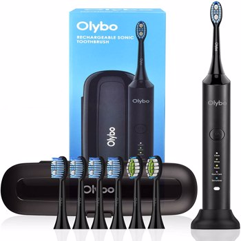 Sonic Electric Toothbrush，Olybo Sonic Toothbrushes Power Whitening for Adults，5 Modes 48000VPM with 6 Replacement Brush Heads and Travel Case (Black)