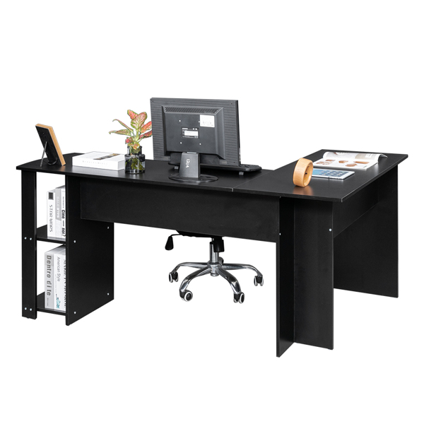 L-Shaped Wood Right-angle Computer Desk with Two-layer Shelves Black