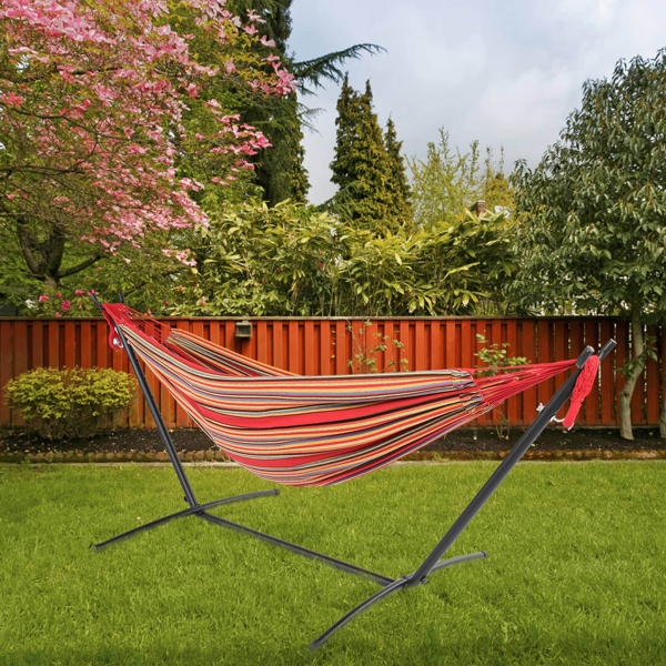 9ft Black Steel Pipe Hammock Frame with 200*150cm Polyester Cotton Hammock Red Strip Red Rope Iron Hammock   Set