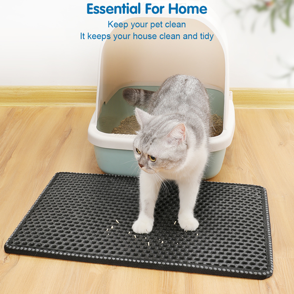 Cat Litter Mat, Kitty Litter Trapping Mat, Double Layer Mats with MiLi Shape Scratching design, Urine Waterproof, Easy Clean, Scatter Control  21" x 14"  Black