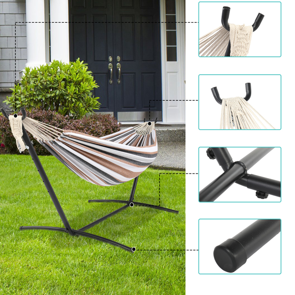 9ft Black Steel Pipe Hammock Frame with 200*150cm Polyester Cotton Hammock Coffee Strip Natural Rope Iron Hammock   Set