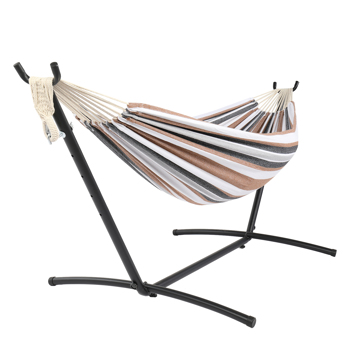 9ft Black Steel Pipe Hammock Frame with 200*150cm Polyester Cotton Hammock Coffee Strip Natural Rope Iron Hammock   Set