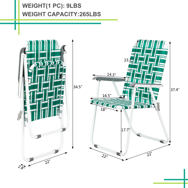 2pcs Steel Tube PP Webbing Bearing 120kg Folding Beach Chair Light Green Strip