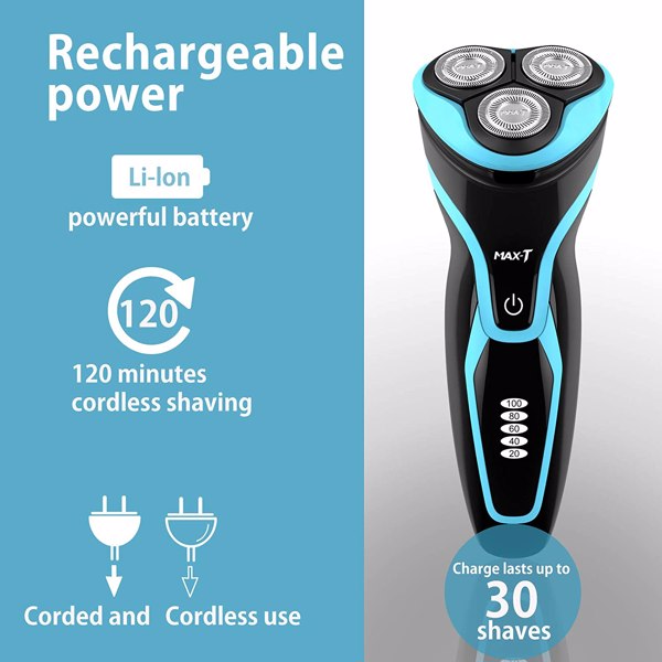 Electric Shaver Razor for Men, MAX-T Quick Charge Rotary Shaver with Pop Up Trimmer, Wet Dry IPX7 Waterproof