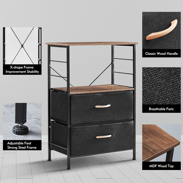 Nightstands, Rustic Side Table, Dresser Tower with 2 Fabric Drawers, Storage Shelves, bed side table, bedside book stand w/ Wooden Top, Metal Frame, Industrial, Rustic Brown and Black