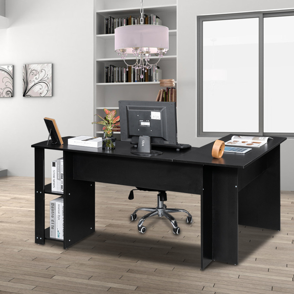 L-Shaped Wood Right-angle Computer Desk with Two-layer Shelves Black