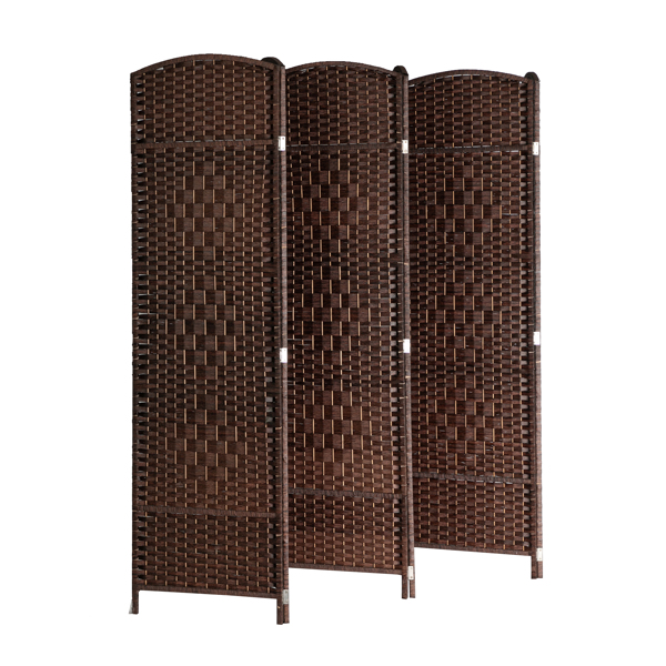 Six Folds Rattan Chinese Style Screen with Two Plates Brown