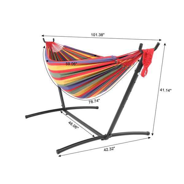 9ft Black Steel Pipe Hammock Frame with 200*150cm Polyester Cotton Hammock Four Red Strip Natural Rope Iron Hammock   Set
