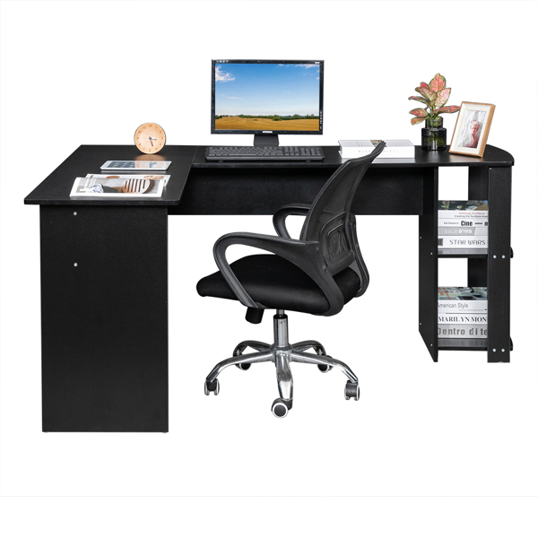 L-Shaped Wood Right-angle Computer Desk with Two-layer Shelves Black