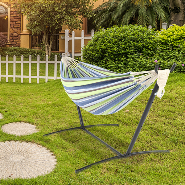 9ft Black Steel Pipe Hammock Frame with 200*150cm Polyester Cotton Hammock Green Strip Natural Rope Iron Hammock   Set