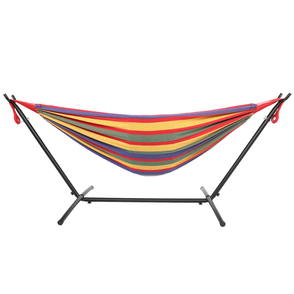 9ft Black Steel Pipe Hammock Frame with 200*150cm Polyester Cotton Hammock Four Red Strip Natural Rope Iron Hammock   Set
