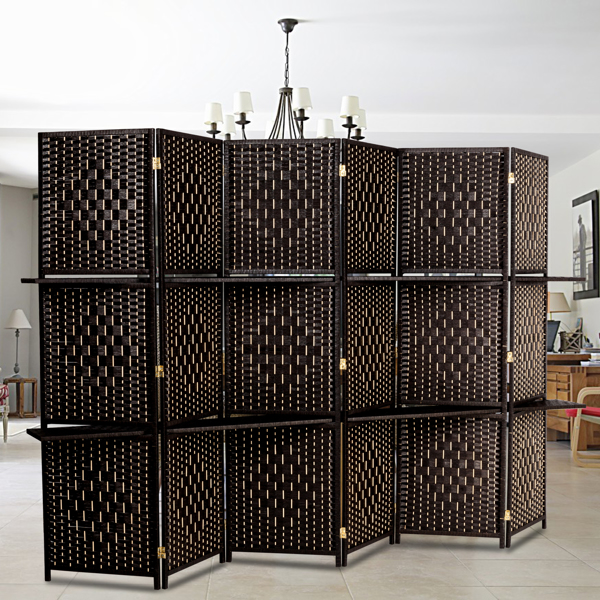 Six Folds Rattan Chinese Style Screen with Two Plates Dark Brown