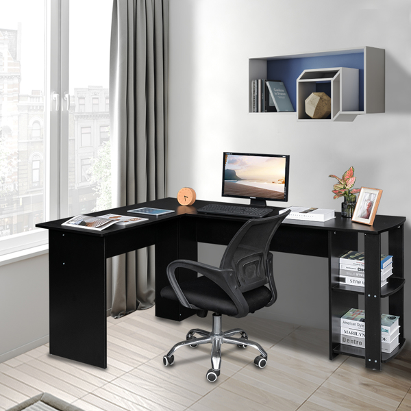 L-Shaped Wood Right-angle Computer Desk with Two-layer Shelves Black