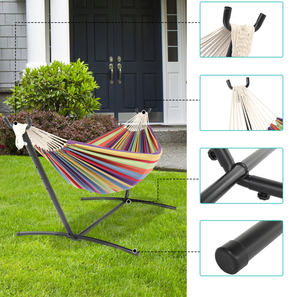 9ft Black Steel Pipe Hammock Frame with 200*150cm Polyester Cotton Hammock Small Color Strip Natural Rope Iron   Hammock Set