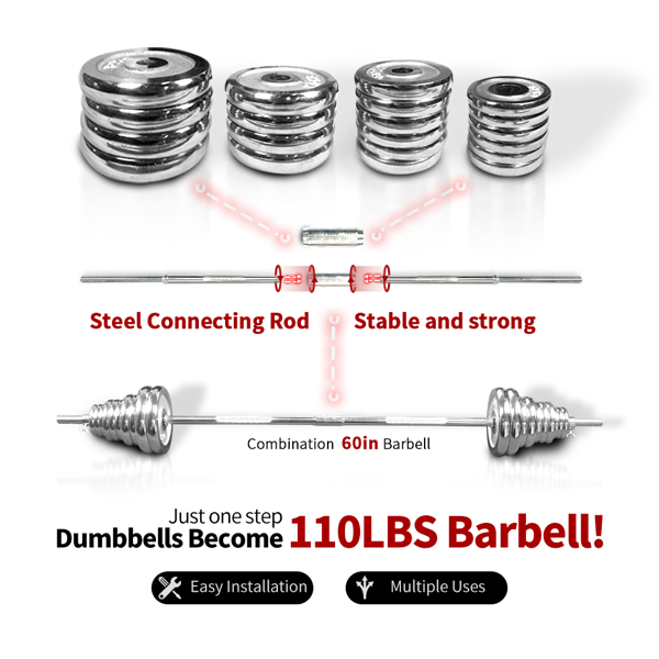 110lbs Adjustable Cast Iron Dumbbell Sets with Portable Packing Box 2In1 Dumbbells Barbell with Connecting Rod, 50kg Home Gym Training Free Weight Set for Men and Women