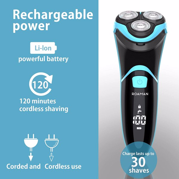 Men Electric Shaver, ROAMAN Rechargeable Corded and Cordless Electric Razor for Men with Pop-up Trimmer,Wet Dry IPX7 Waterproof With Travel Bag