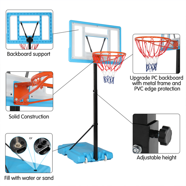 Transparent PVC Board Basket Frame Adjustable 122-198cm 90*60cm Portable and Movable Poolside Basketball Stand Blue
