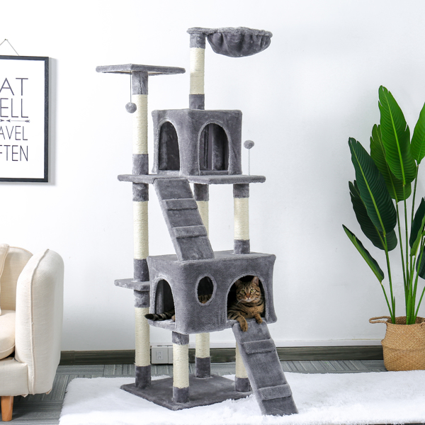 Multi-Level Wooden Cat Tree for Large Cat with Scratching Post, Cozy Condo, Top Perch and Dangling Ball Grey