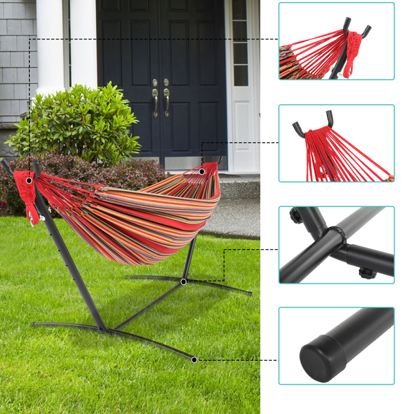 9ft Black Steel Pipe Hammock Frame with 200*150cm Polyester Cotton Hammock Red Strip Red Rope Iron Hammock   Set