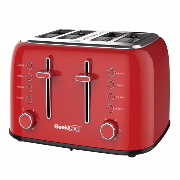 Prohibit listing on Amazon。Toaster 4 Slice, Geek Chef Retro Red Extra Wide Slot, Independent temperature control Toaster ,Reheat,Defrost,Cancel 4 Function, 6-Shade Settings, High Auto Pop-Up