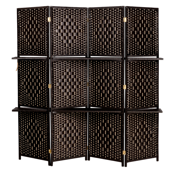 Four Folds Rattan Chinese Style Screen with Two Plates Dark Brown