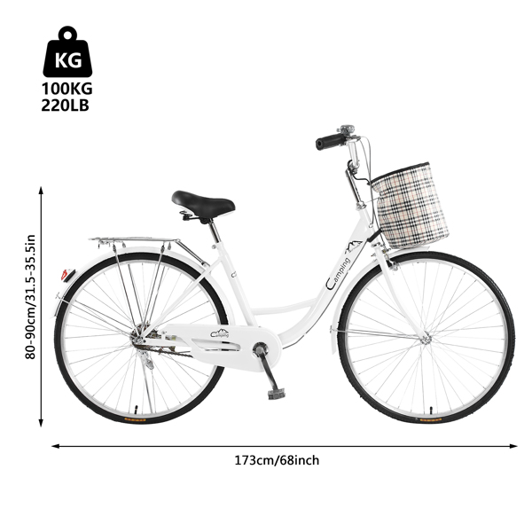 26Inch Iron Frame Bearing 100kg Single Speed Commuter Bike White（Do not  sell  on  Amazon）