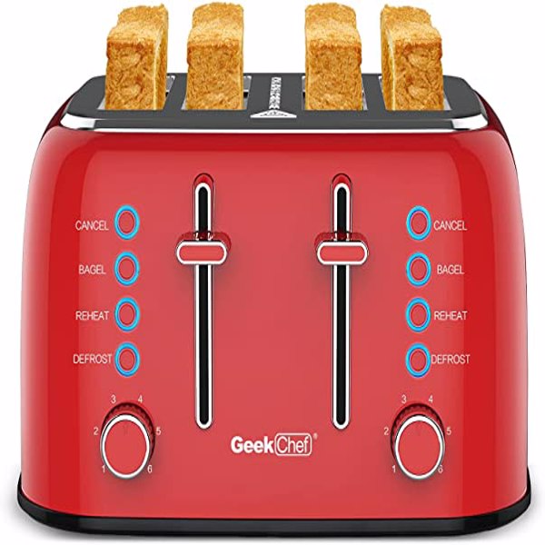 Prohibit listing on Amazon。Toaster 4 Slice, Geek Chef Retro Red Extra Wide Slot, Independent temperature control Toaster ,Reheat,Defrost,Cancel 4 Function, 6-Shade Settings, High Auto Pop-Up