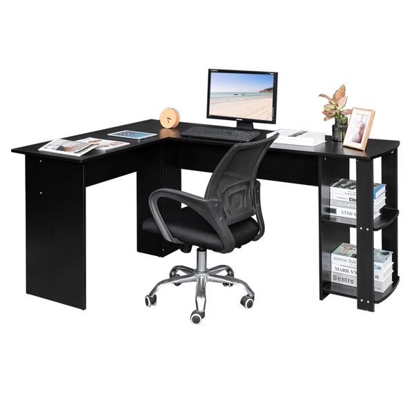 L-Shaped Wood Right-angle Computer Desk with Two-layer Shelves Black