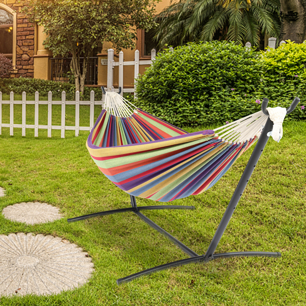 9ft Black Steel Pipe Hammock Frame with 200*150cm Polyester Cotton Hammock Small Color Strip Natural Rope Iron   Hammock Set