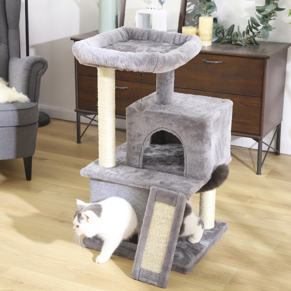 Cat Tree Modern Cat Tower with Double Condos, Spacious Perch, Fully Wrapped Scratching Sisal Posts and Replaceable Dangling Balls Grey