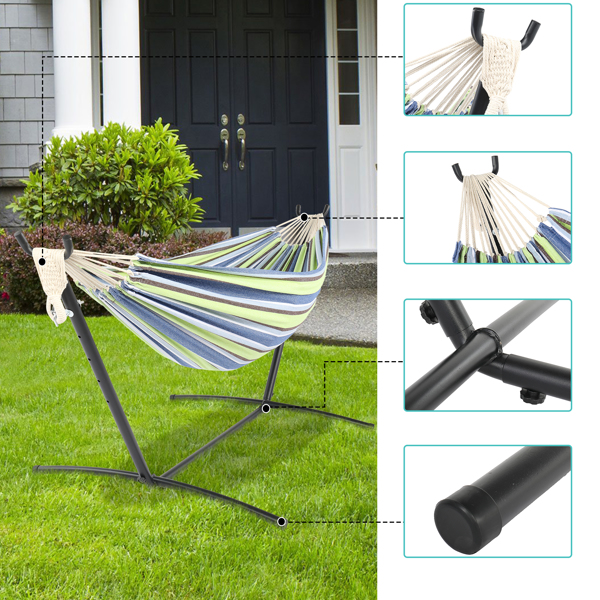 9ft Black Steel Pipe Hammock Frame with 200*150cm Polyester Cotton Hammock Green Strip Natural Rope Iron Hammock   Set