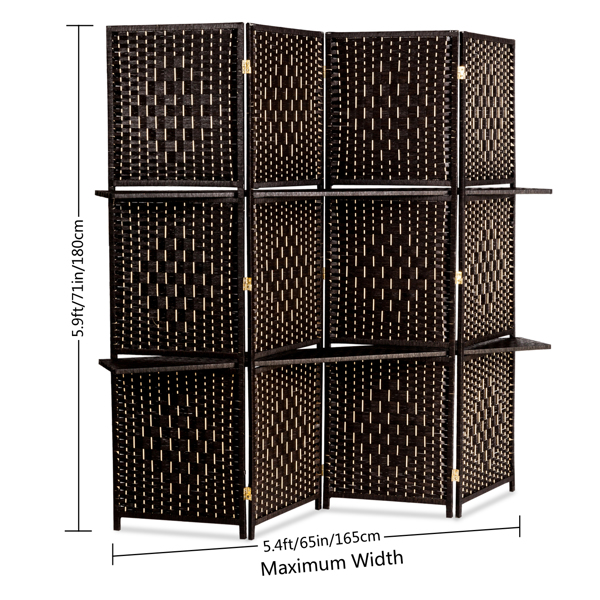 Four Folds Rattan Chinese Style Screen with Two Plates Dark Brown